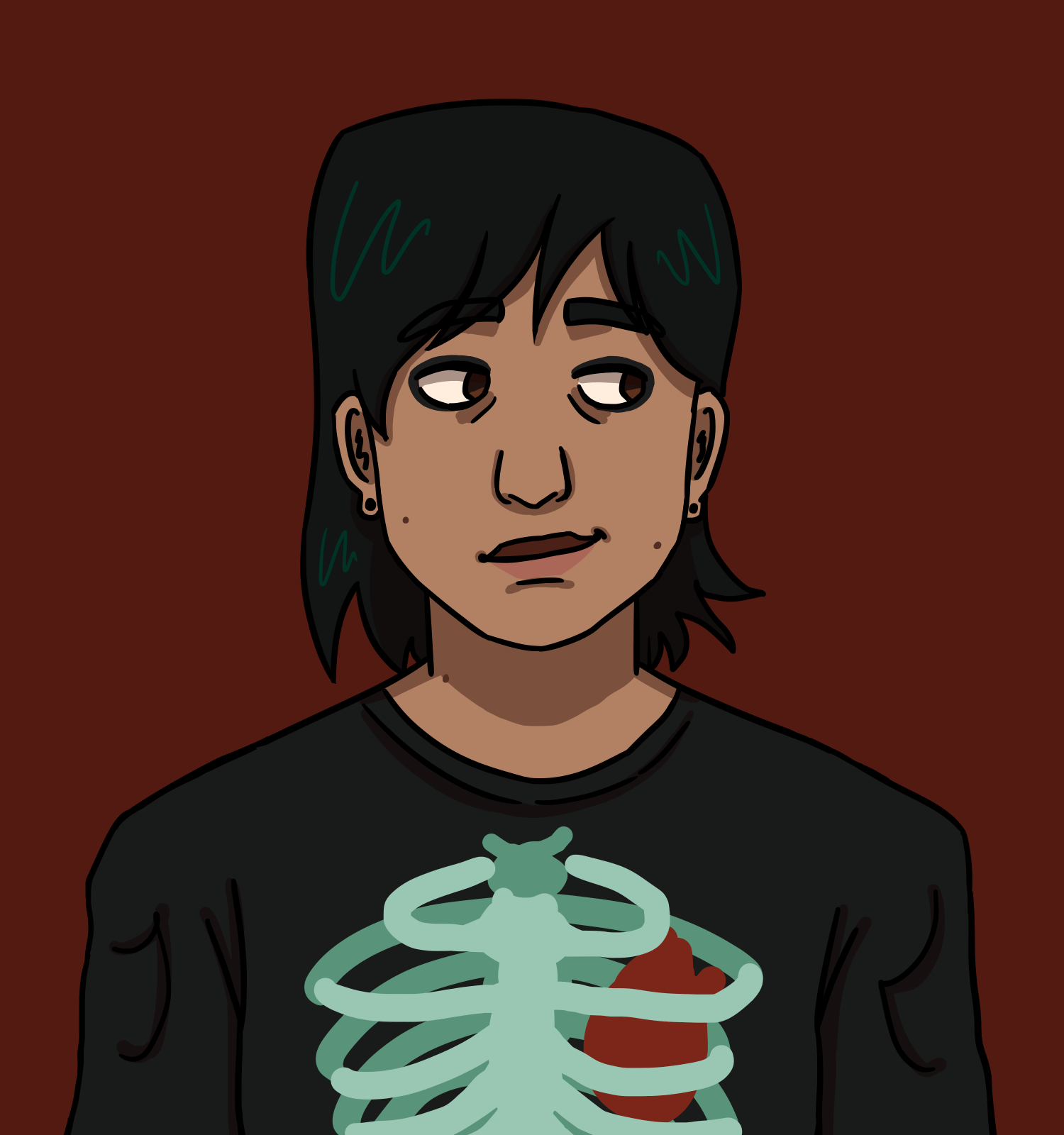 Nate icon. He is a Filipino-American teenage boy with black hair, brown eyes, and a few moles. He is smiling. He is wearing eyeliner and a black t-shirt with a ribcage and heart design.