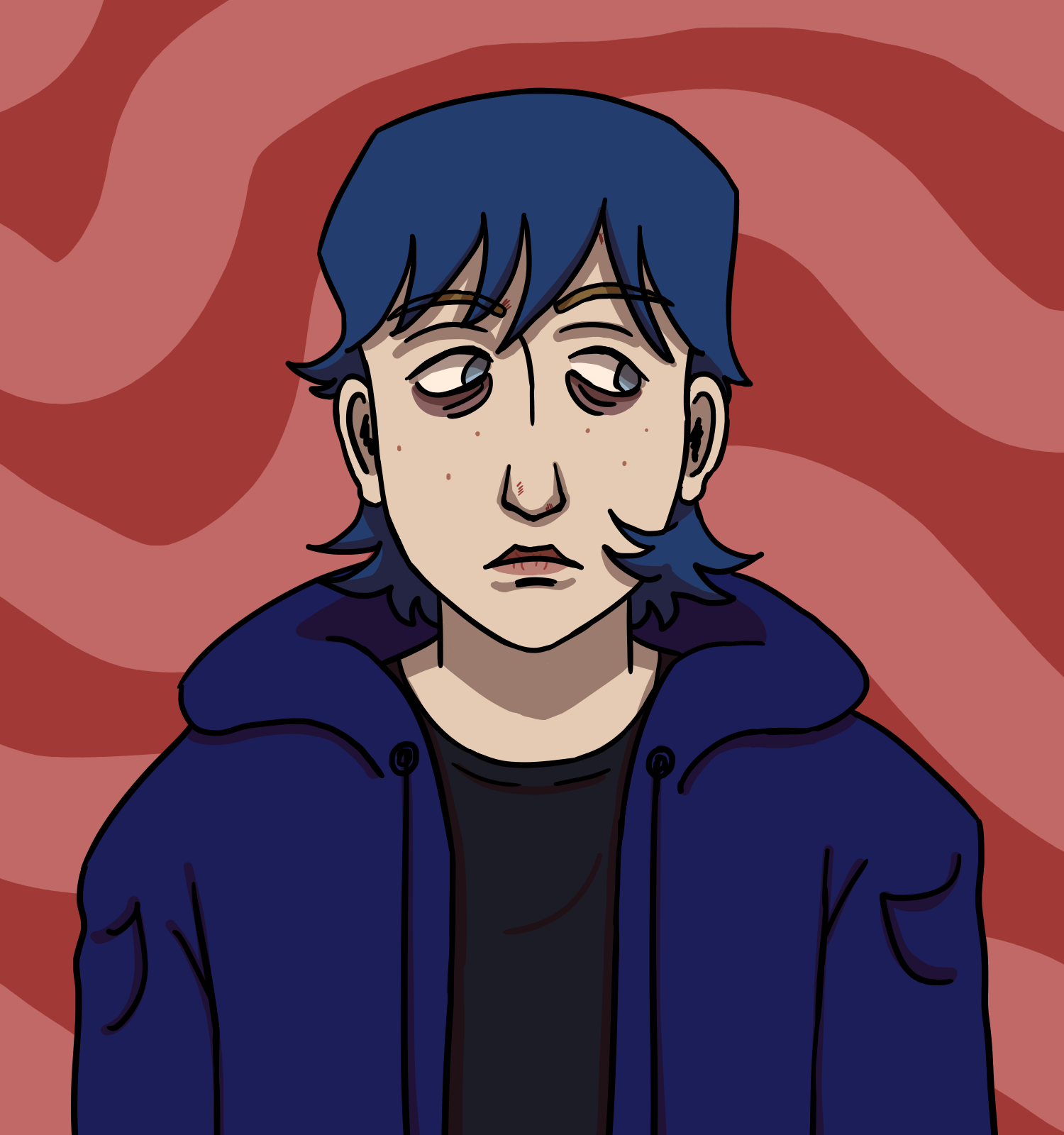 Sam icon. He is a white teenage boy with dyed blue hair, gray eyes, and little injuries from skin picking. He is making a neutral expression. He is wearing an indigo hoodie.