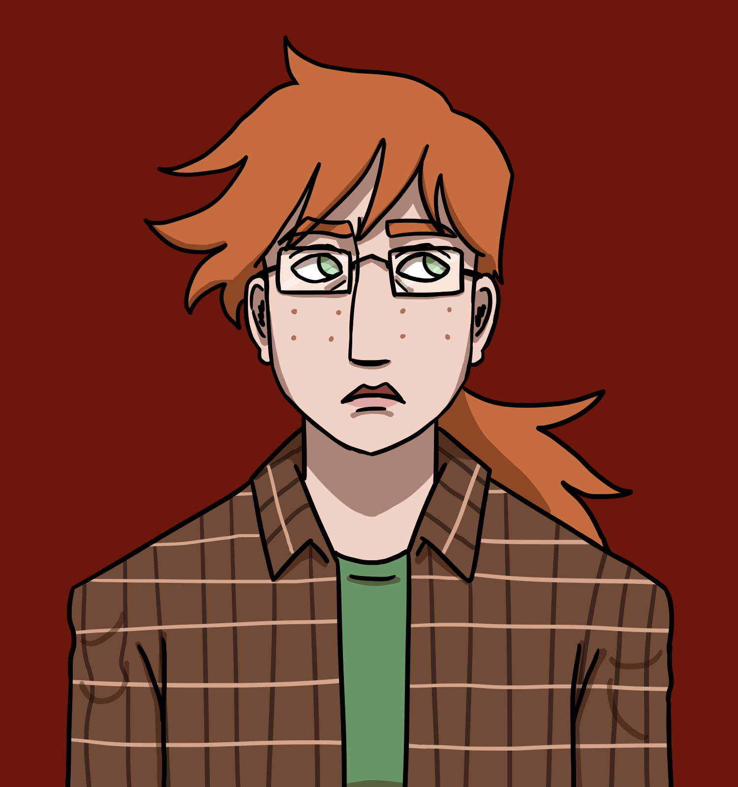 Suzan icon. She is a white teenage girl with red hair, green eyes, and freckles. She is glaring and looking off to one side. She is wearing a green shirt and a brown plaid button up shirt over it.